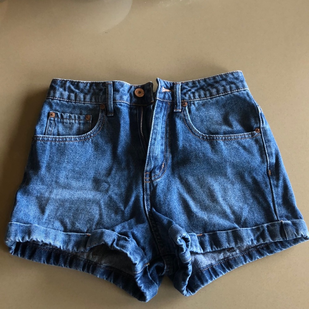 High wasted dark wash jean shorts, size 25